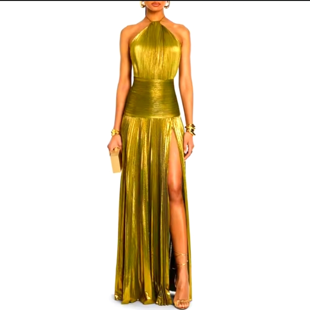 Gold Sexy Halter High Split Gowns Evening DressWoman Chic Solid Hollow Pleated - Picture 2 of 7